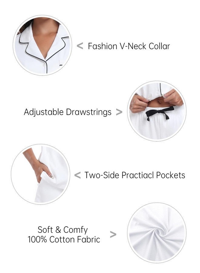 COLORFULLEAF Womens 100% Cotton Pajamas Set Short Sleeve Sleepwear Button Down Pjs Soft 2 Piece Lounge Set with Pockets S-XXL(White, X-Large) - Image 5